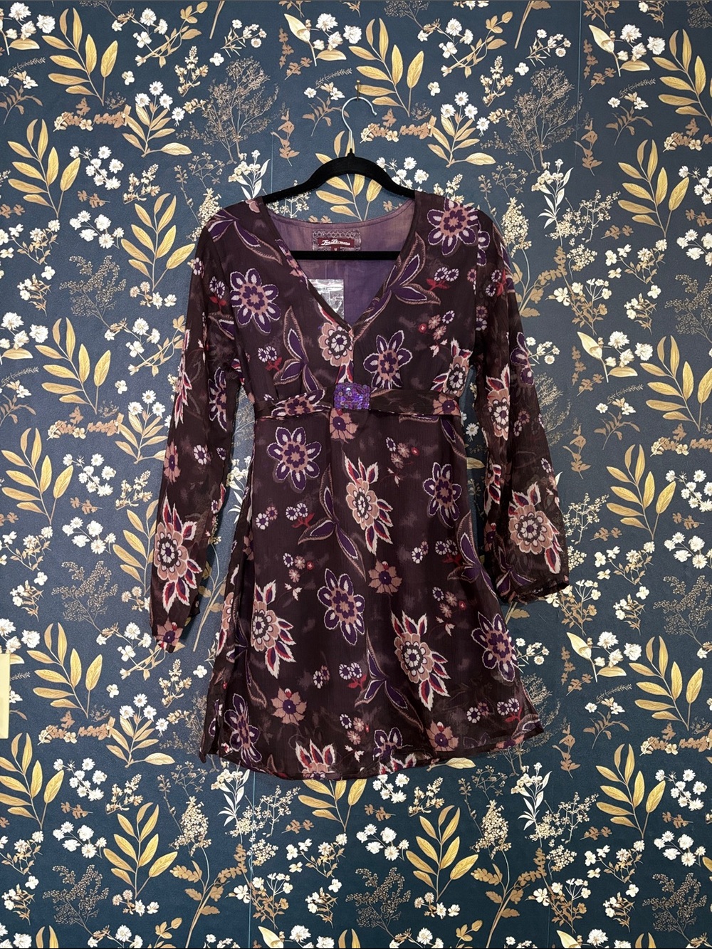 Joe Browns Y2K Vintage Purple Bohemian Floral Chiffon Belted Tunic Top UK 12